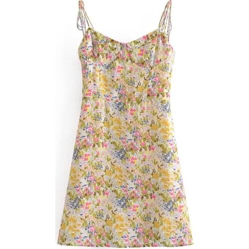 YENKYE Vintage Prairie Chic Floral Print Dress Female Sexy Sleeveless Sling Chiffon Vestido Mujer Holiday Summer Short Robe