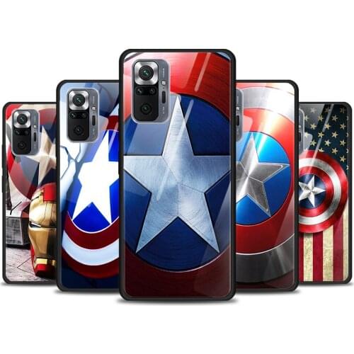 Captain America shield Marvel for Xiaomi Redmi Note 10 Pro Max 10S 9T 9S 9 8T 8 7 Pro 5G Luxury Tempered Glass Phone Case Cover