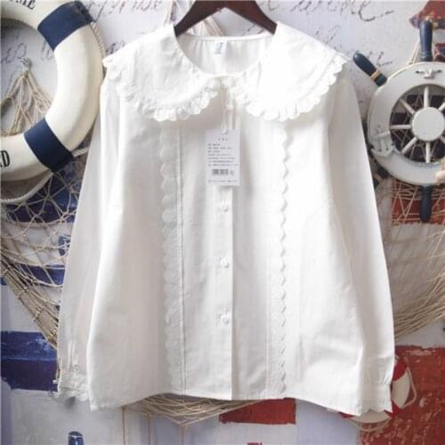 2021 Women Autumn Winter Casual Shirt Female Solid Lace Peter Pan Collar Long Sleeve Shirt Lady Button Loose Elegant Blouse F145