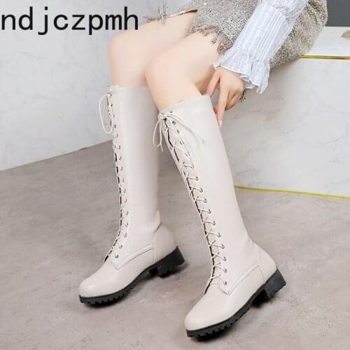 Womens Boots Autumn And Winter The New fashion Round head Lace-up Thick heel Low-heeled High tube Womens shoes plus size 34-48