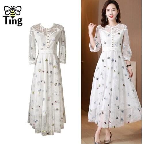 Tingfly Vintage Elegant Summer Mesh Sheer Bee Embroidery A Line Dress Women Summer Casual Midi Long Dresses Zaful White Elbise
