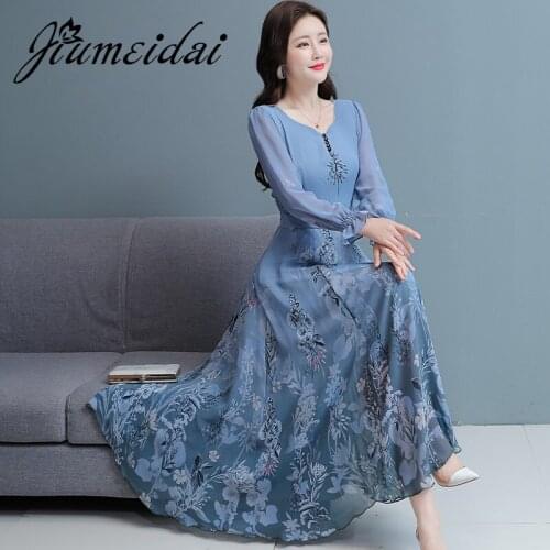 JiuMeiDai 2021 Women Autumn Elegant A-Line Dress Office Lady Chiffon Print Robe Femme Vintage Designer Party Clothing Vestidos