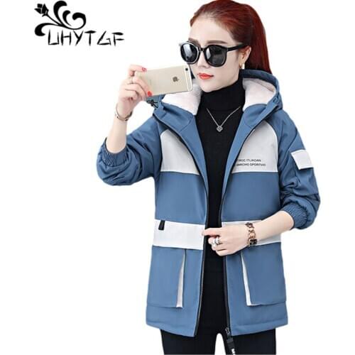 UHYTGF Hooded Winter Jacket Womens Plus Velvet Thicken Casual Warm Cotton Coat Parker Female Zipper Slim Large Size Outwear 1211