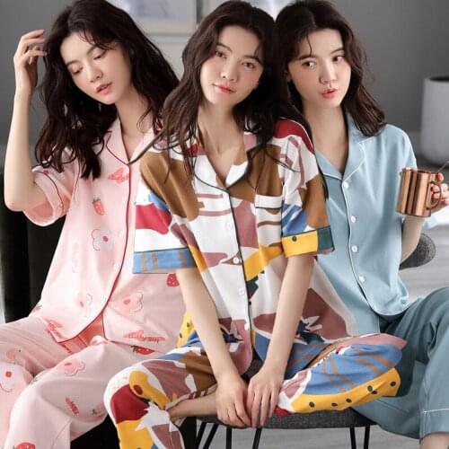 2021 Summer Short Sleeve Long Pants Pajama Sets for Women Korean Cotton Sleepwear Suit Pyjama Homewear Pijama Mujer Home Clothes