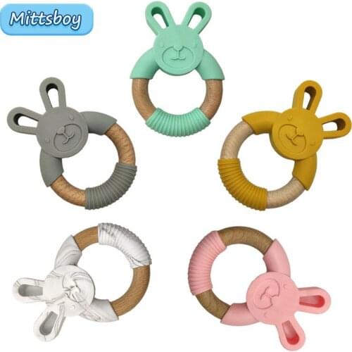 2021 Newborn Rabbit Silicone Teether 3D Teething Animal Wooden Ring Chewable Ring Toy Tooth Nursing Baby Shower Sensory Toy Gift