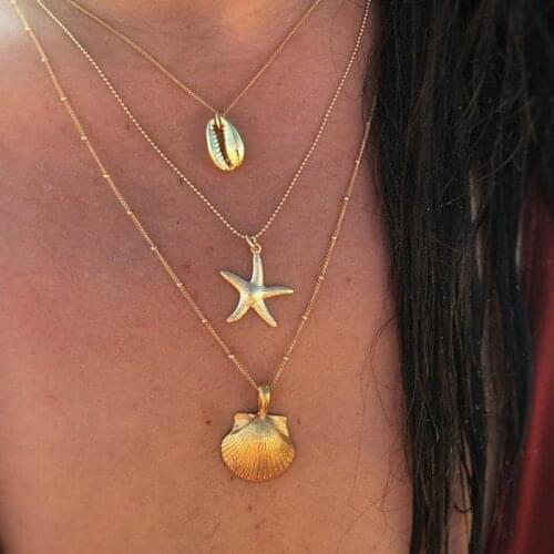 3 Pcs/Set Bohemian Women Star Conch Shell Pendant Multilayer Gold Necklace Set Fashion Summer Beach Jewelry Accessories