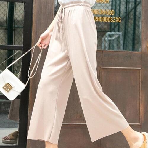 50%HOTWomen Solid Color High Waist Drawstring Wide Leg Trousers Loose Straight Pants
