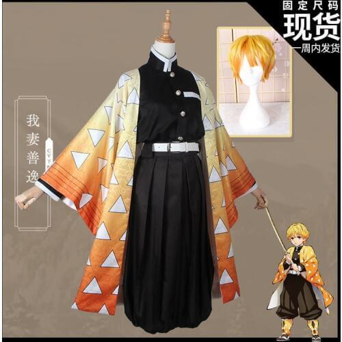Anime! Demon Slayer: Kimetsu no Yaiba Agatsuma Zenitsu Kimono Gothic Uniform Cosplay Costume Halloween Suit Free Shipping