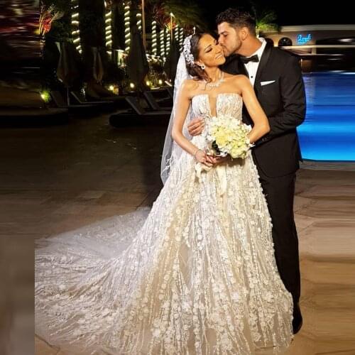 White Flower Lace Wedding Dresses With Long Train Strapless Long Bridal Wedding Gowns In Dubai Plus Size свадебное платье
