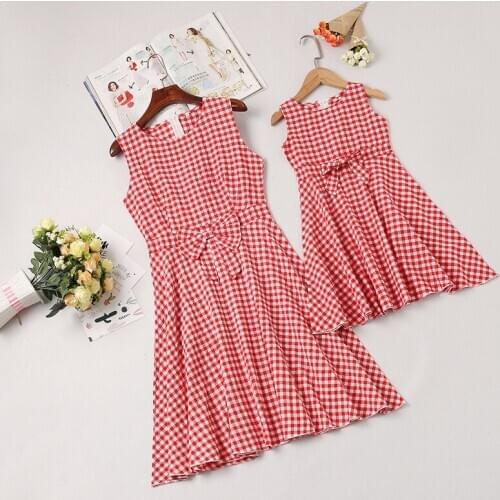 Bowknot check round collar parent-child outfit dress mother daughter matching clothes cotton mommy and me cotton dresses