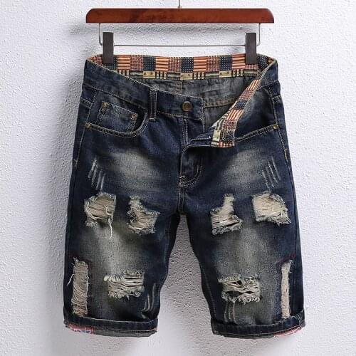 Trend And Fashion Hole Denim Shorts MenS Summer New Business Casual Loose Straight-Leg Ripped Jeans Male Brand Five-Point Pants