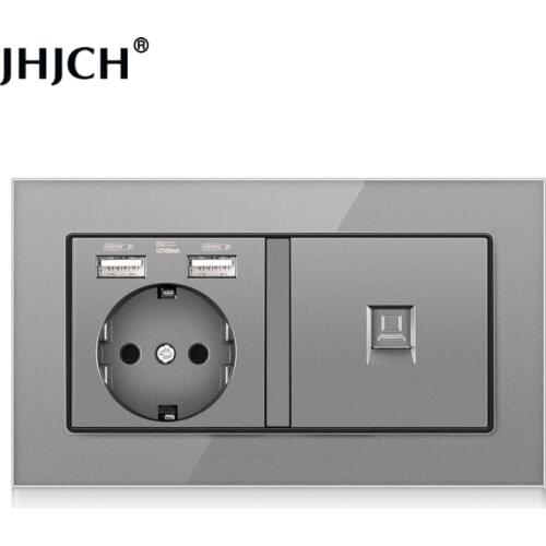 Jhjch EU standard wall socket + TV phone, gray tempered glass rj45 cat6 wall socket computer Internet 146*86mm