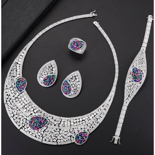 LARRAURI 4PCS African Women Wedding Jewelry Sets Luxury Multicolor Cubic Zircon Crystal CZ Engagement DUBAI Bridal Jewelry Sets