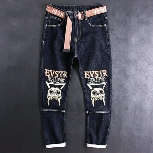 Newly Street Style Fashion Men Jeans Retro Black Blue Elastic Slim Fit Punk Jeans Men Embroidery Designer Hip Hop Denim Pants