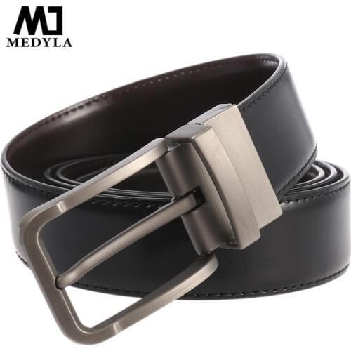 MEDYLA Mens Leather Belt Rotating Buckle Double Sided Available Pin Buckle High Quality Cow Genuine Leather Belts for Men