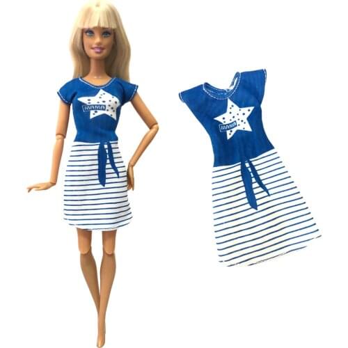 NK 1 PCS Doll Dress Modern Pattern Blue Skirt Casual Outfit Party Gown Clothes Accessories for Barbie Doll Kids Toy 286C 12X