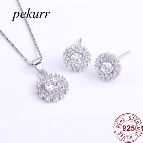 Pekurr 925 Sterling Silver Snowflake Dense Zircon Flower Earrings Necklace Sets For Women Round Luxurious Pendants Jewelry