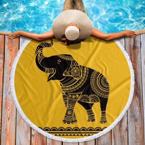 Elephant Yellow Pattern Art Swimming Towel Microfiber Beach Towels Yoga Mat Shawl Round Tassel Beach Towel