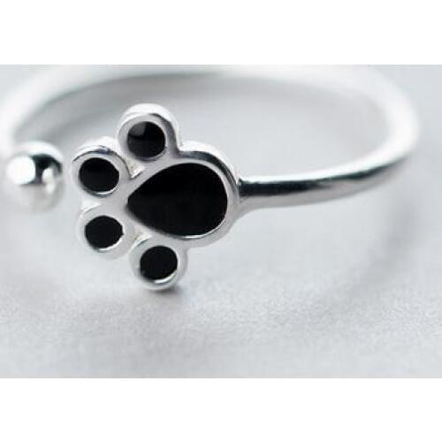 Real. 925-Sterling-Silver Black Enamel Puppy Dog Paw &Lucky Bead Ring jewelry adjustable GTLJ1126