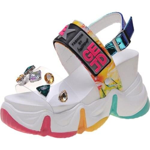 Woman Rainbow Thick Bottom Sandalias Verano Mujer Summer Women Wedge Sandals Transparent PVC Crystal Chunky Platform Shoes
