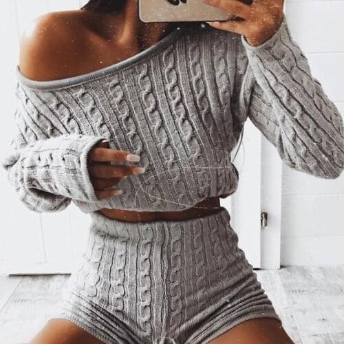 Autumn Spring Knitted Tracksuit Long Sleeves Sweaters Top Knitted Shorts Sets Women Suit 2PCS Set Knit Pants Female Pants Suit