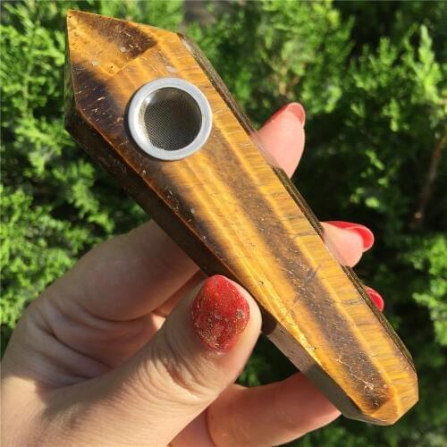 Yellow Tiger Eye Stone Strainer Quartz Crafts Handmade Cigarette Holder Smoking Tobacco Pipe As Gift