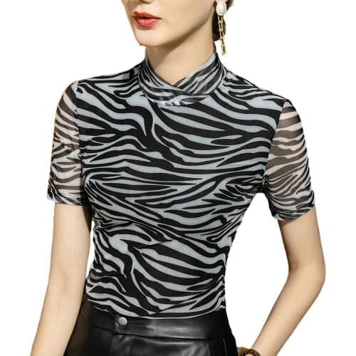Womens top Lady Mesh material short sleeve Turtleneck top woman tshirt all match Basic t-shirt black gray white color woman