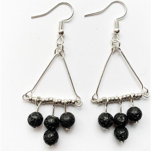 Black Lava Beads Natural Volcanic Rock Stone Drop Earrings for Women Long Earrings Chain Triangular Earrings Crystals 1 Pair