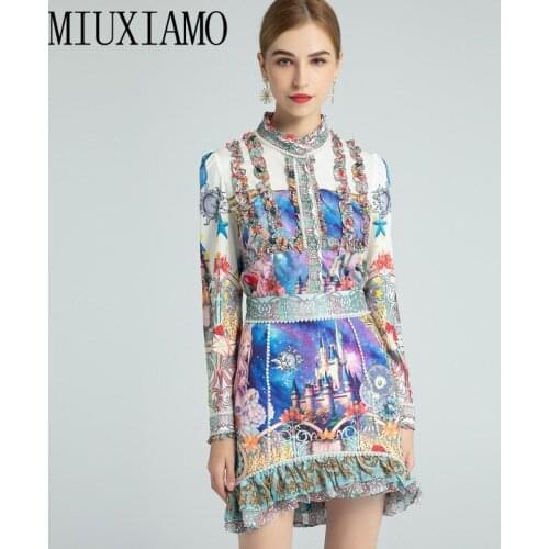 MIUXIMAO 2021 Spring Summer Flower Print Lace O-neck Long-sleeve Shirt + Ruffles Mini Skirt Set Two-piece Set Women