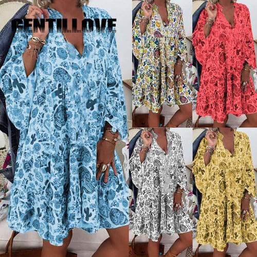 Gentillove Bohemia Button Summer Long Sleeve Women Printig V-Neck Vintage Ruffles Beach Style Loose Sexy Casual Mini Dress
