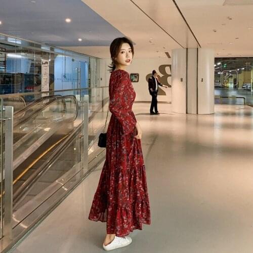 2021 Spring Autumn Women Floral Print Chiffon Dress Red Retro Ankle Length High Waist Slim V-neck Korean Style Bottoming Dress