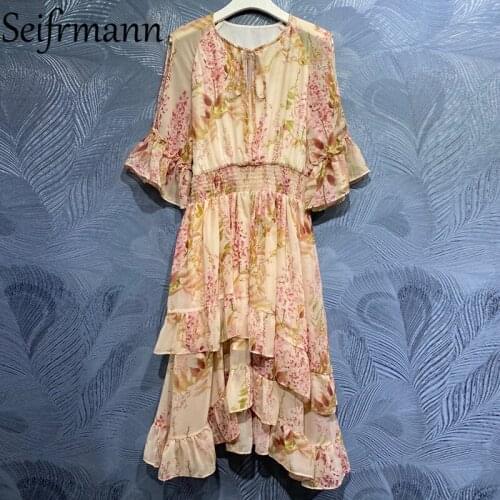 Seifrmann New 2021 Summer Women Fashion Designer Party Midi Dress Flare Sleeve Bow Ruffles Elastic Waist Elegant Print Dresses