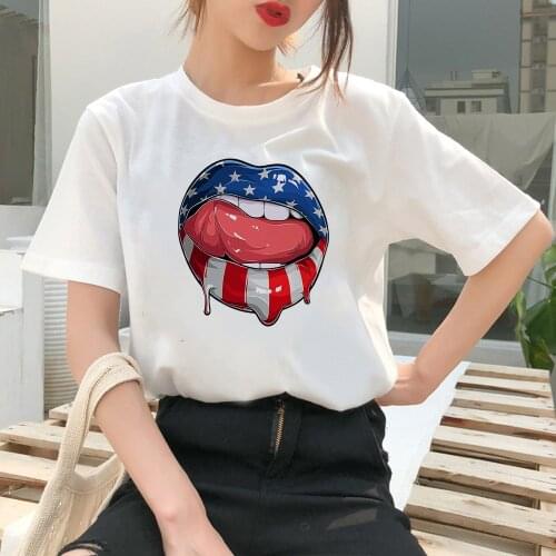 2021 Creative Art Women T shirts O-Neck American Casual T-shirt Hipster US Sexy Lips Printed Tumblr Leisucre Loose Tshirt