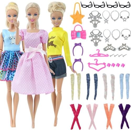 30 Pcs/Set Doll Clothes = 3 Dresses Outfits + Random 3 Stockings + 24 Handbag Accessories for Barbie Doll Kids Doll House Play