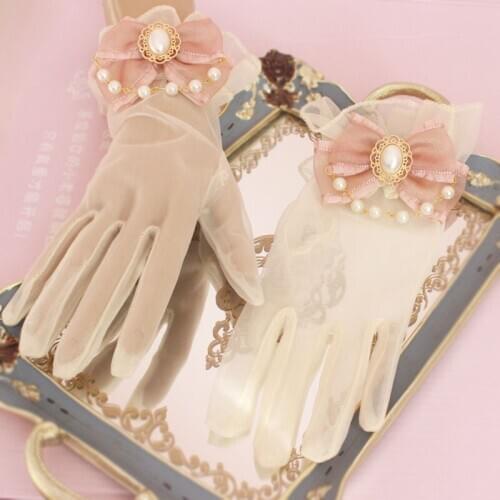 Tea Party Retro Bride Wedding Princess Pearl Chain Gloves Lolita Gorgeous Elegant Girl Fairy Bowknot Hand Cuff Gloves 1Pair Tea