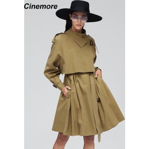 CINEMORE 2021 New Spring Autumn Women Trench Coat Long Loose Solid Lapel Belt Outwear Casual Fashion Patch Outerwear Top 9002