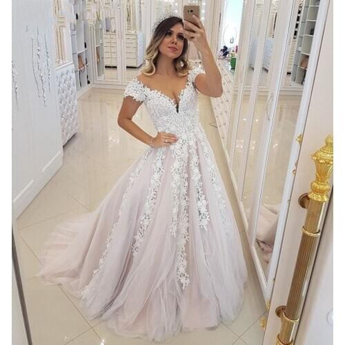 JIERUIZE Charming Wedding Dresses V Neck Short Sleeves Button Back Lace Appliques A Line Summer Wedding Gowns robe de mariee