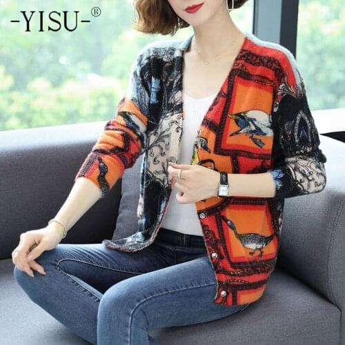 YISU Cardigan Women Sweater Autumn Winter Fashion Single Breasted Printed Sweater Coat Knitted Imitation mink Sweater Cardigan