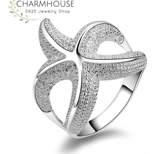 Pure 925 Silver Rings For Women Sea Star Wide Finger Ring Wedding Band Anillo Engagement Bridal Jewelry Bague Femme Bijoux