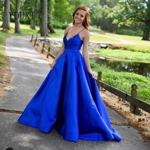 Royal Blue Prom Dresses with Pockets 2020 Sexy Spaghetti Straps V Neck A-Line Satin Formal Gown for Women