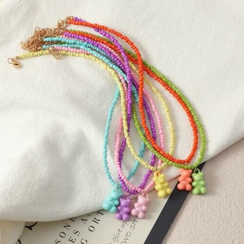 Fashion Cute Bear Pendant Necklace Hip Hop Rainbow Colorful Seed Beaded Short Choker Necklaces Collar for Women Jewelry Gift