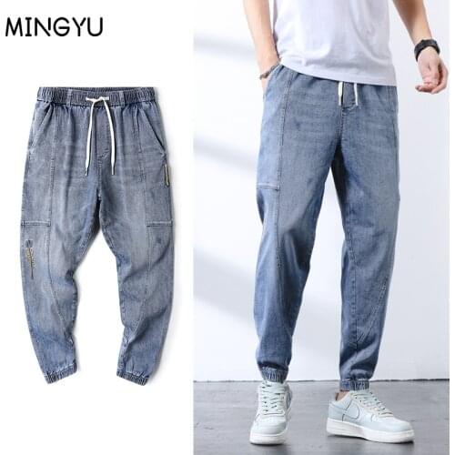 Cotton Jeans Men Casual Harem Pants Spring Summer Elastic Waist Comfort LooseTrousers Male Embroidered text Washed Denim Pants