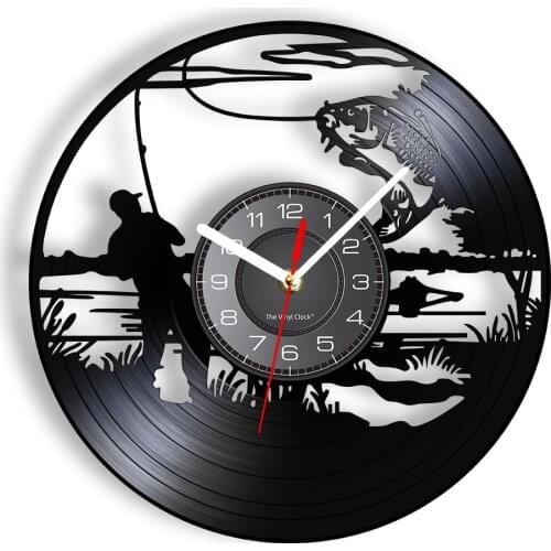 Bass Fishing Wall Clock Made Of Real Vinyl Record Big Fish Biting Fishing Line Wall Decor Non-Ticking Wall Watch Fisherman Gifts