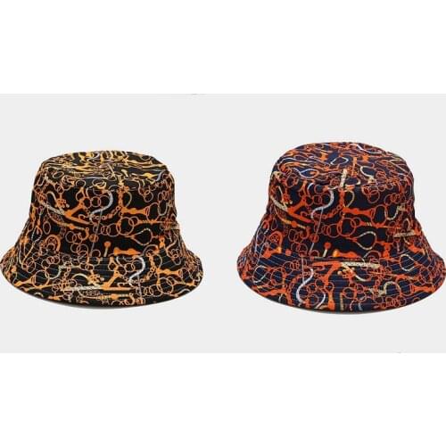 New Womens Bucket Hat Chain Pattern Fisherman Hat Mens Summer Outdoor Reversible Sun Protection Hat Unisex Panama Couple Hat