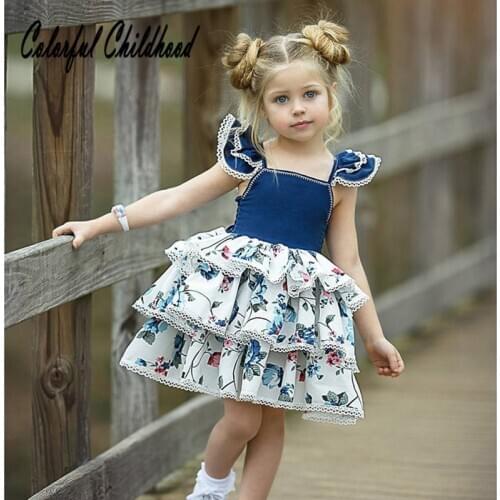 1-5Yrs Baby dress summer flare sleeve floral denim strap dress infant newborn kids party wedding costumes bebe vestidos