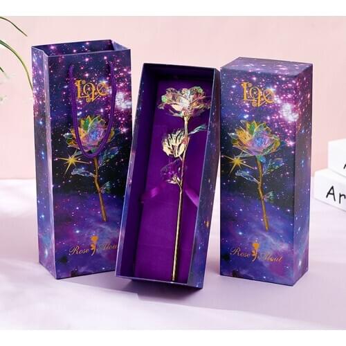 24K Foil Plated Gold Rose Flowers Galaxy Box Wedding Decor Valentines Day Creative Gift Golden Rainbow Rose