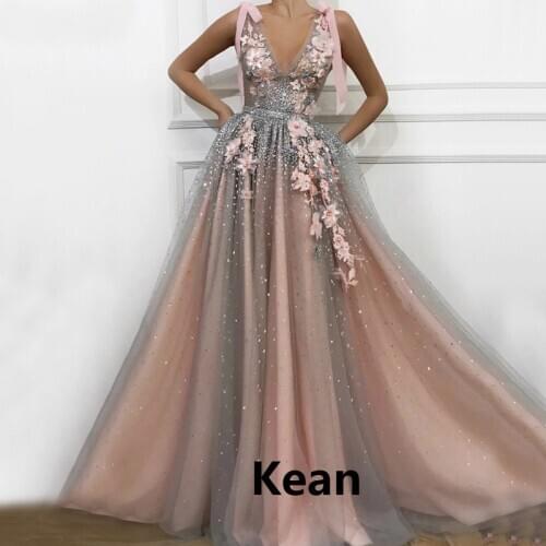 Pink Evening Dress v neck Flower Bow Special Occasion Party Dress robe soiree Islamic Dubai Kaftan Saudi Arabic Boho Prom Dress