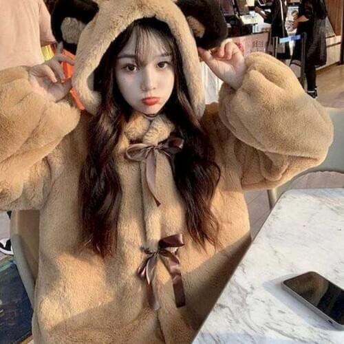 Fur coat female bear ears female 2020 autumn and winter new faux fur coat bear ears cute soft girl plush coat padded jacket cute