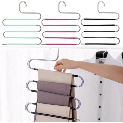 5 Layers S Shape Trousers Hanger MultiLayer Storage Closet Organizer Rack Anti-slip Stainless Steel Clothes Holder Pants Hanging