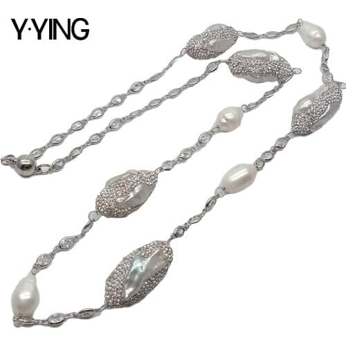 Y·YING white Color Crystal Pave Cultured White Biwa freshwater Pearl Long Chain Necklace 33" sweater chain necklace